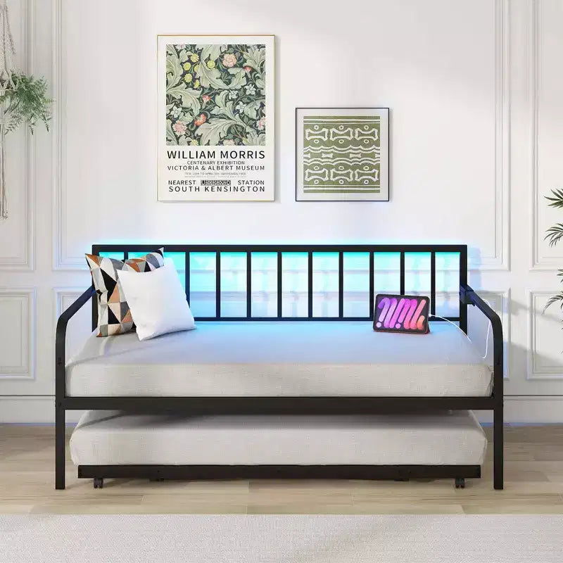 Twin Daybed Adjustable Sofa Bed Frame with Charging Station & LED Lights, Multi-Function