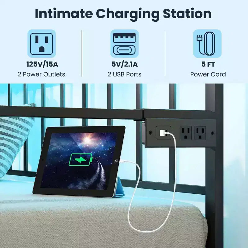 Twin Daybed Adjustable Sofa Bed Frame with Charging Station & LED Lights, Multi-Function