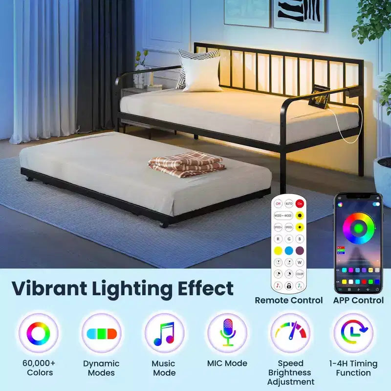 Twin Daybed Adjustable Sofa Bed Frame with Charging Station & LED Lights, Multi-Function