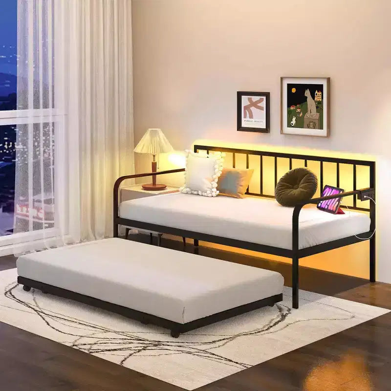 Twin Daybed Adjustable Sofa Bed Frame with Charging Station & LED Lights, Multi-Function
