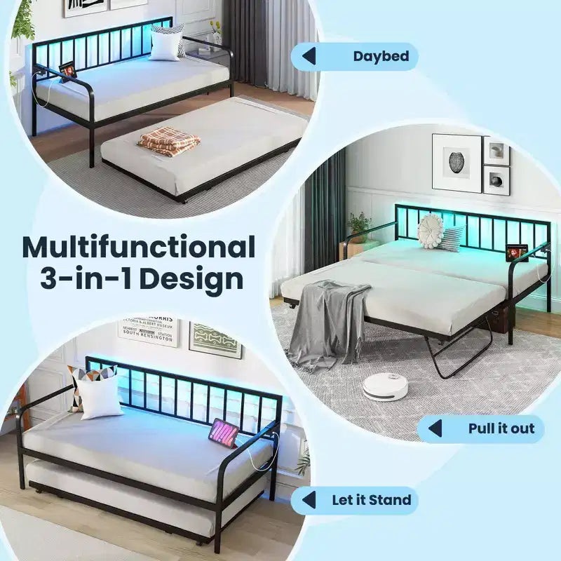 Twin Daybed Adjustable Sofa Bed Frame with Charging Station & LED Lights, Multi-Function