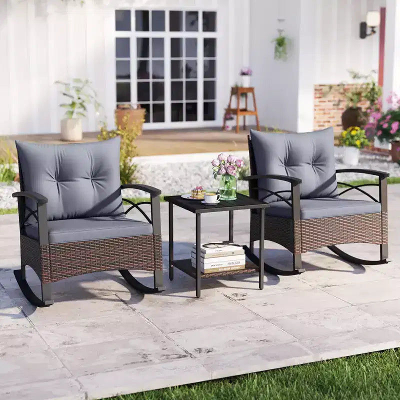 Costway 3 PCS Patio Rocker Set with 2-Tier Coffee Table & Soft Seat Back Cushions Outdoor