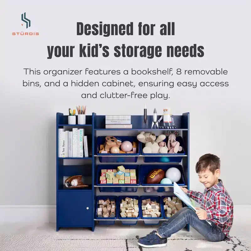 Kids Toy Storage Organizer with Bookshelf and 8 Toy Bins, Children's Playroom Storage Unit