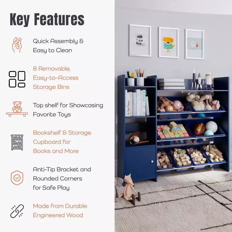 Kids Toy Storage Organizer with Bookshelf and 8 Toy Bins, Children's Playroom Storage Unit
