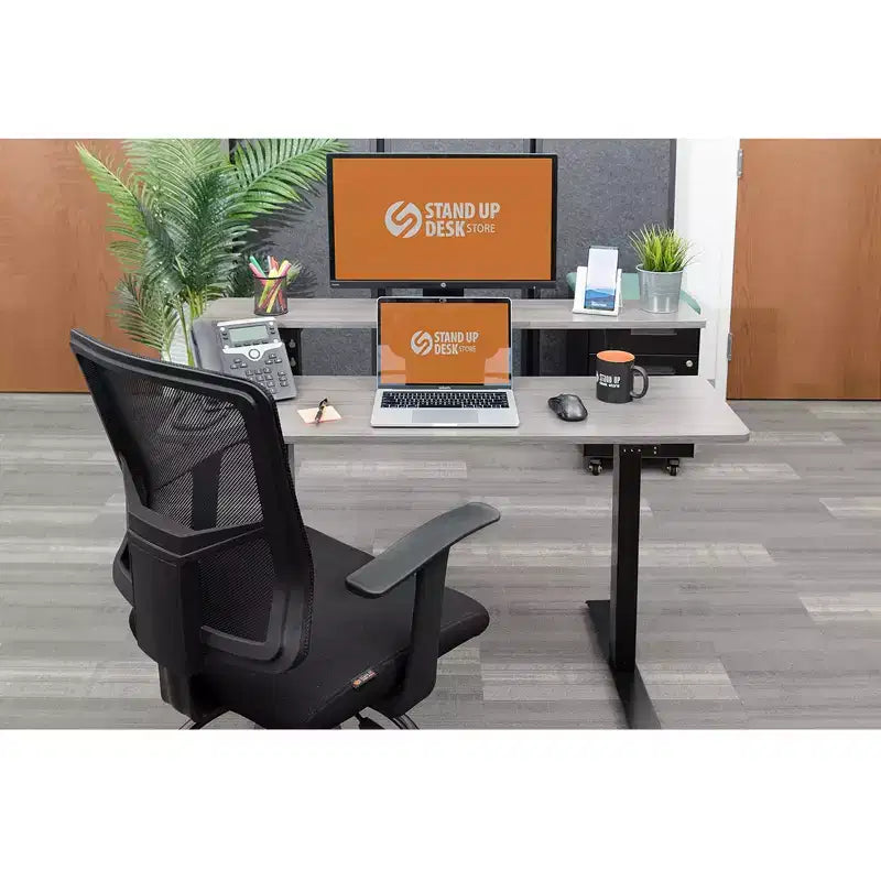 Programmable Electric Two-Tier Compact Standing Desk, 48" Wide, White Frame with Birch Desktop