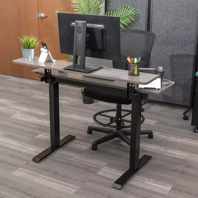 Programmable Electric Two-Tier Compact Standing Desk, 48" Wide, White Frame with Birch Desktop