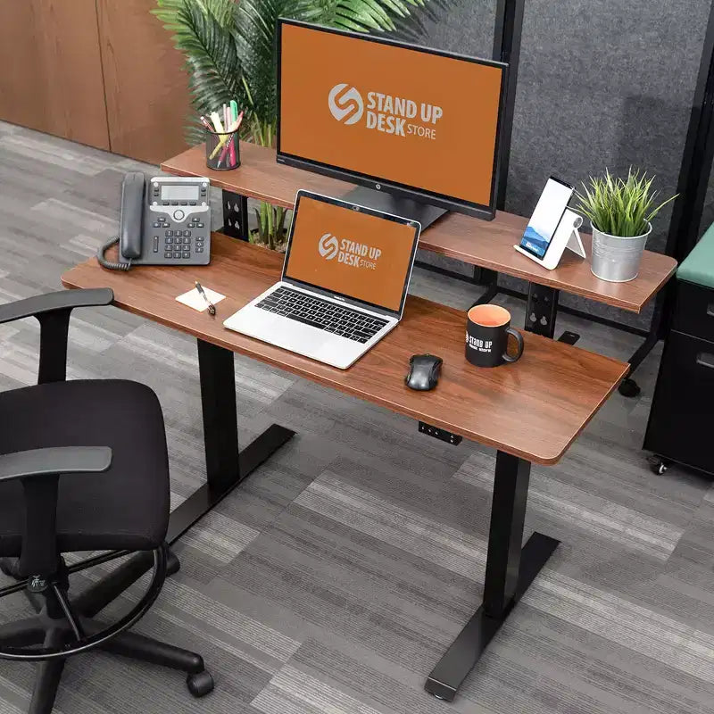 Programmable Electric Two-Tier Compact Standing Desk, 48" Wide, White Frame with Birch Desktop