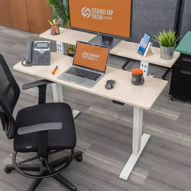Programmable Electric Two-Tier Compact Standing Desk, 48" Wide, White Frame with Birch Desktop