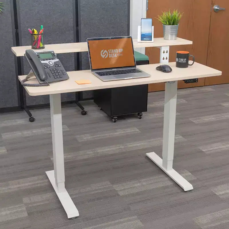 Programmable Electric Two-Tier Compact Standing Desk, 48" Wide, White Frame with Birch Desktop
