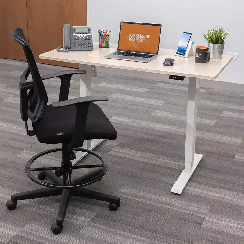 Programmable Electric Two-Tier Compact Standing Desk, 48" Wide, White Frame with Birch Desktop