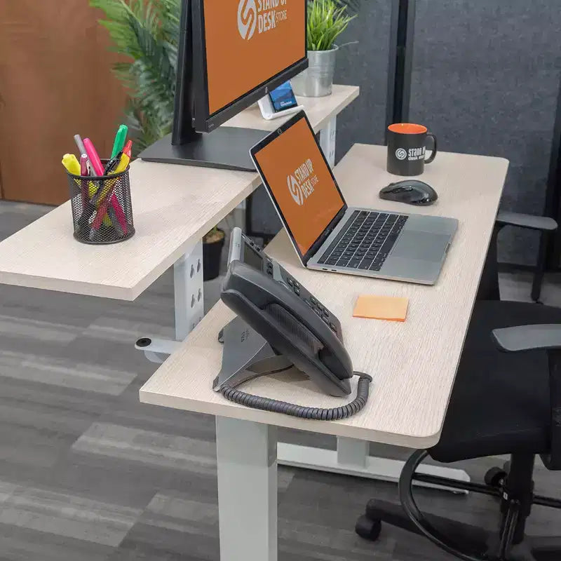 Programmable Electric Two-Tier Compact Standing Desk, 48" Wide, White Frame with Birch Desktop