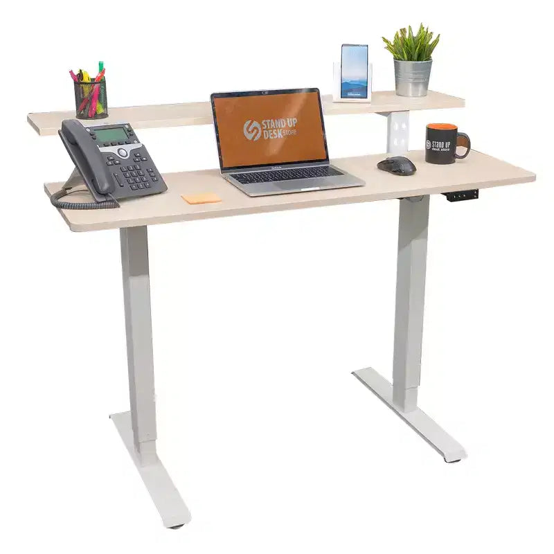 Programmable Electric Two-Tier Compact Standing Desk, 48" Wide, White Frame with Birch Desktop