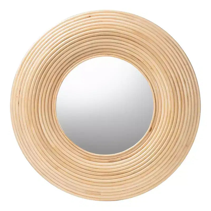 Round Rattan Accent Wall Mirror, Natural Brown, Modern Bohemian Style