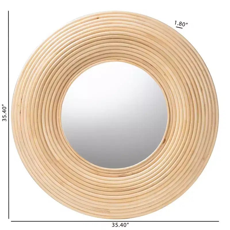 Round Rattan Accent Wall Mirror, Natural Brown, Modern Bohemian Style