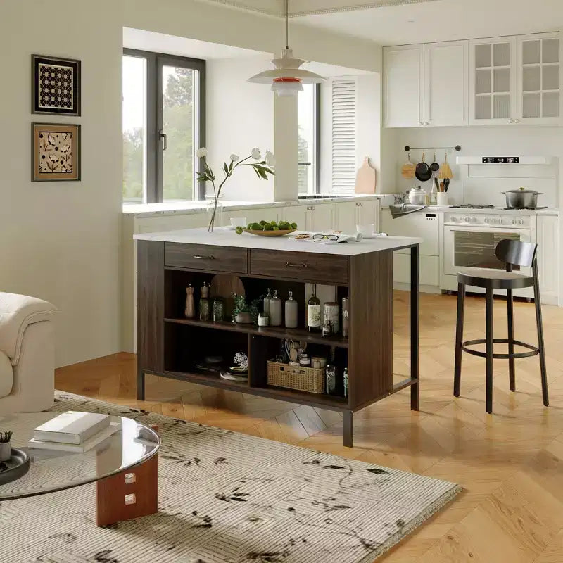 Kitchen Island Cart with Marble Countertop, 2 Drawers, 6 Shelves and Metal Legs, All-in-One Storage