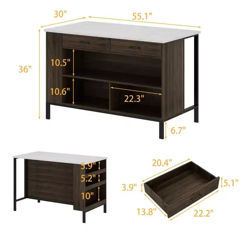 Kitchen Island Cart with Marble Countertop, 2 Drawers, 6 Shelves and Metal Legs, All-in-One Storage