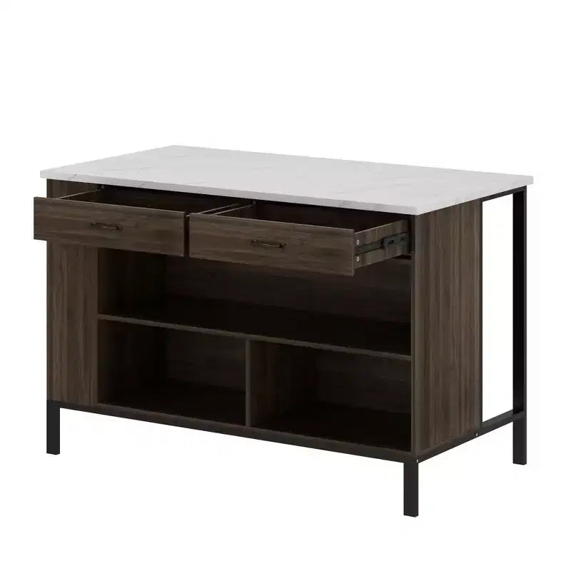 Kitchen Island Cart with Marble Countertop, 2 Drawers, 6 Shelves and Metal Legs, All-in-One Storage