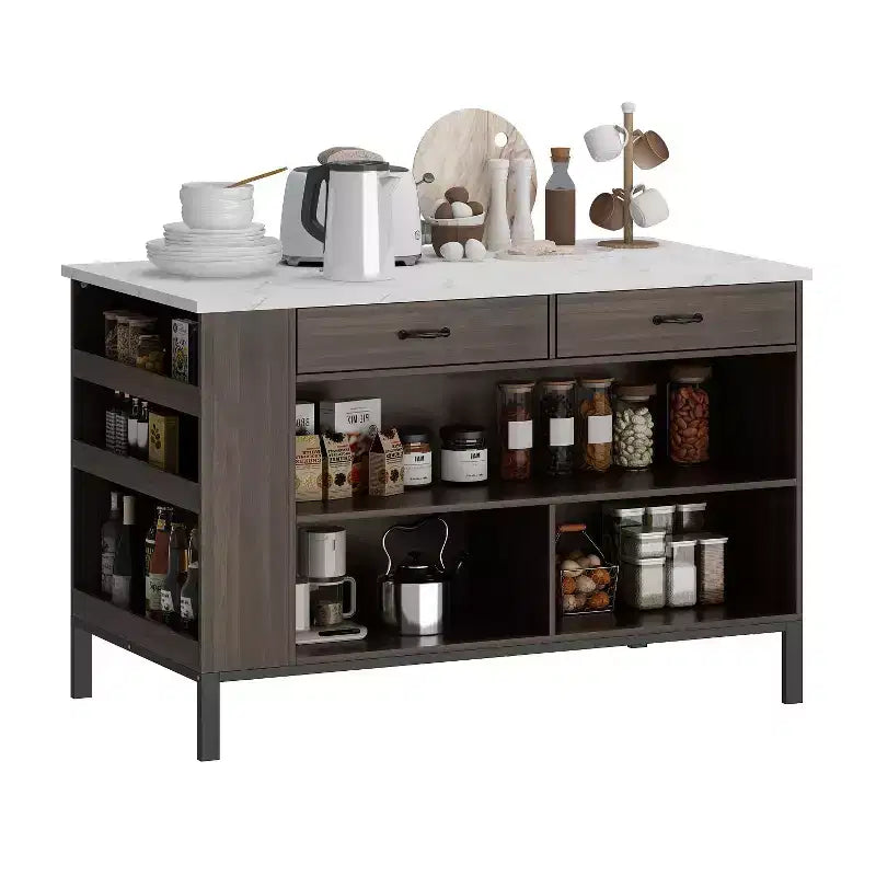 Kitchen Island Cart with Marble Countertop, 2 Drawers, 6 Shelves and Metal Legs, All-in-One Storage