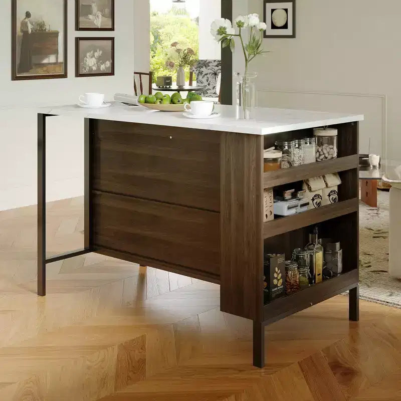 Kitchen Island Cart with Marble Countertop, 2 Drawers, 6 Shelves and Metal Legs, All-in-One Storage