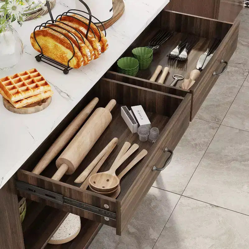 Kitchen Island Cart with Marble Countertop, 2 Drawers, 6 Shelves and Metal Legs, All-in-One Storage