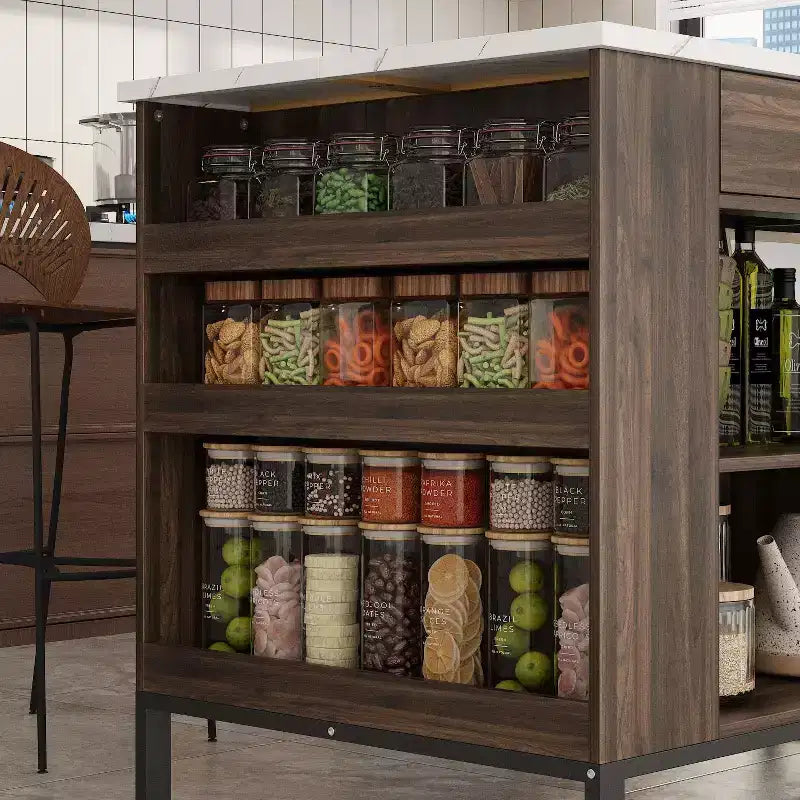 Kitchen Island Cart with Marble Countertop, 2 Drawers, 6 Shelves and Metal Legs, All-in-One Storage