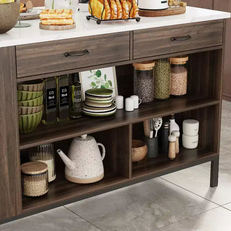Kitchen Island Cart with Marble Countertop, 2 Drawers, 6 Shelves and Metal Legs, All-in-One Storage