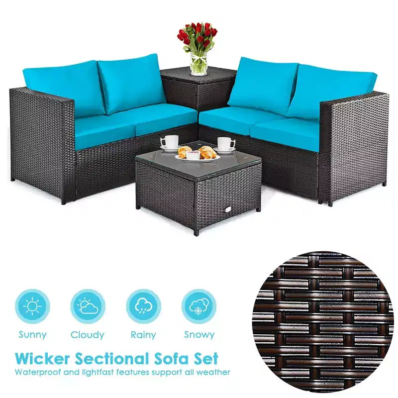 Costway Ensemble de Meubles de Jardin en Rotin 4 Pièces avec Coussins Causeuse Table de Rangement Turquoise\Rouge