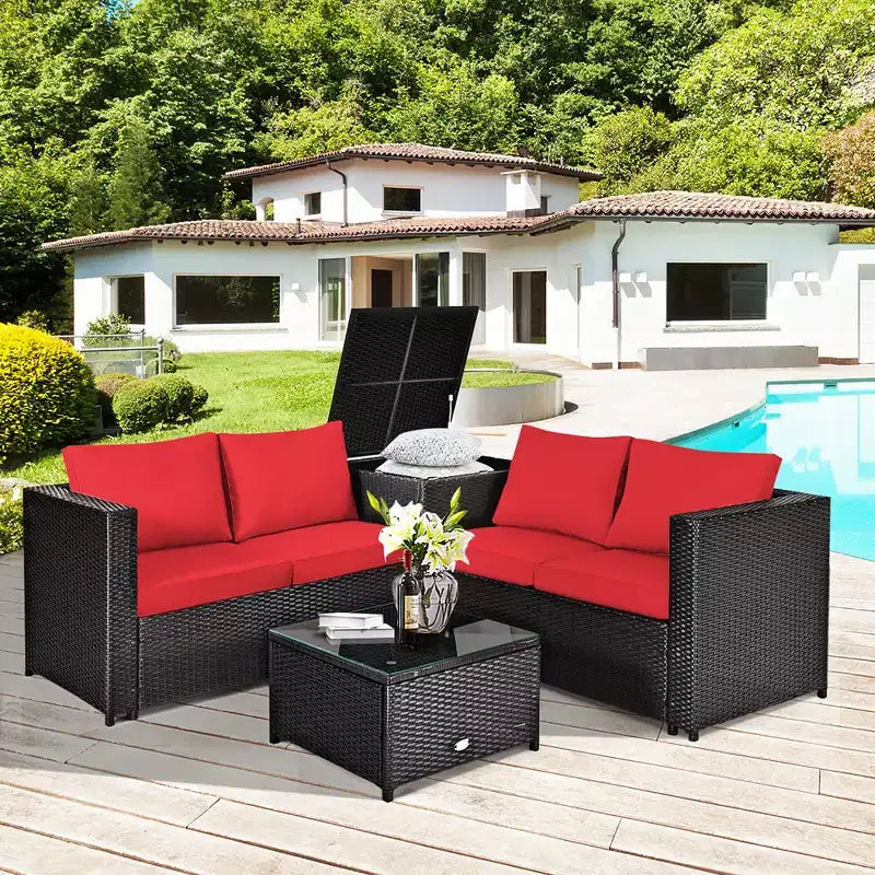 Costway Ensemble de Meubles de Jardin en Rotin 4 Pièces avec Coussins Causeuse Table de Rangement Turquoise\Rouge