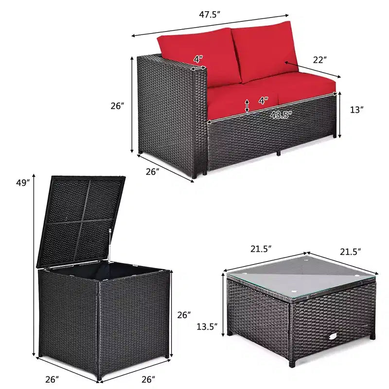 Costway Ensemble de Meubles de Jardin en Rotin 4 Pièces avec Coussins Causeuse Table de Rangement Turquoise\Rouge