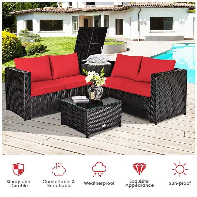 Costway Ensemble de Meubles de Jardin en Rotin 4 Pièces avec Coussins Causeuse Table de Rangement Turquoise\Rouge