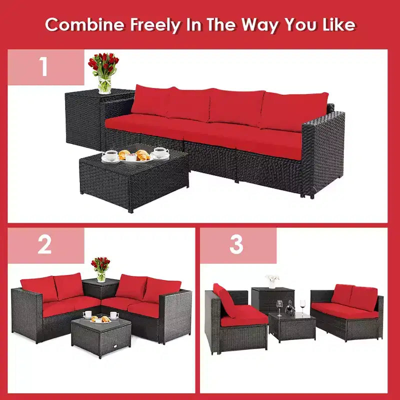 Costway Ensemble de Meubles de Jardin en Rotin 4 Pièces avec Coussins Causeuse Table de Rangement Turquoise\Rouge