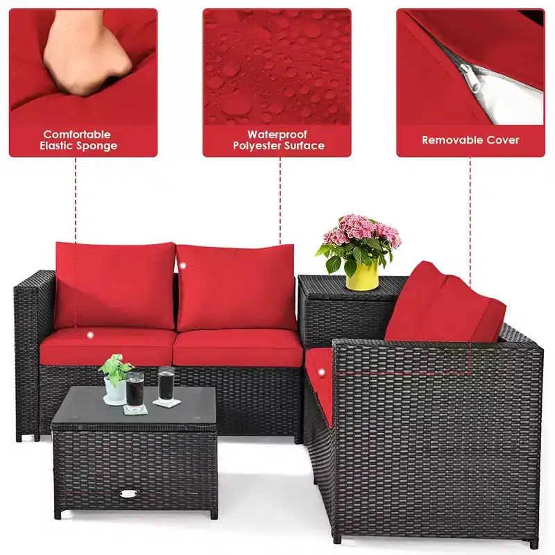 Costway Ensemble de Meubles de Jardin en Rotin 4 Pièces avec Coussins Causeuse Table de Rangement Turquoise\Rouge
