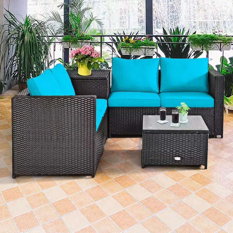 Costway Ensemble de Meubles de Jardin en Rotin 4 Pièces avec Coussins Causeuse Table de Rangement Turquoise\Rouge