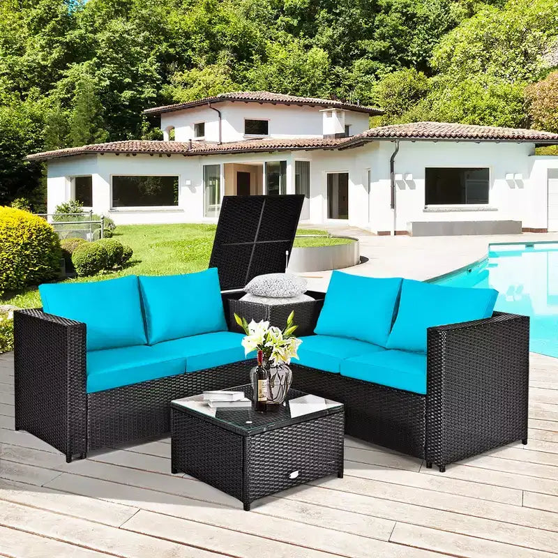 Costway Ensemble de Meubles de Jardin en Rotin 4 Pièces avec Coussins Causeuse Table de Rangement Turquoise\Rouge