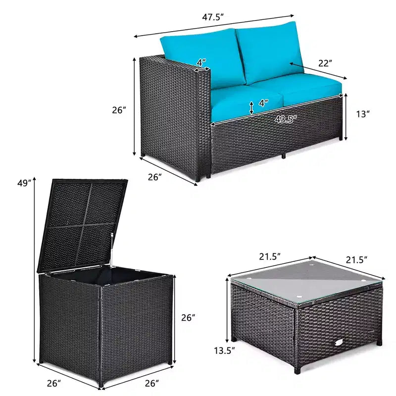 Costway Ensemble de Meubles de Jardin en Rotin 4 Pièces avec Coussins Causeuse Table de Rangement Turquoise\Rouge