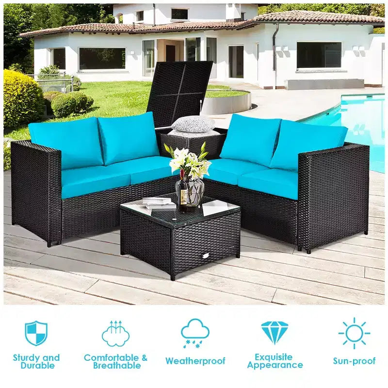 Costway Ensemble de Meubles de Jardin en Rotin 4 Pièces avec Coussins Causeuse Table de Rangement Turquoise\Rouge