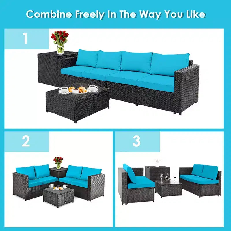 Costway Ensemble de Meubles de Jardin en Rotin 4 Pièces avec Coussins Causeuse Table de Rangement Turquoise\Rouge