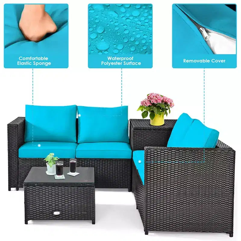 Costway Ensemble de Meubles de Jardin en Rotin 4 Pièces avec Coussins Causeuse Table de Rangement Turquoise\Rouge