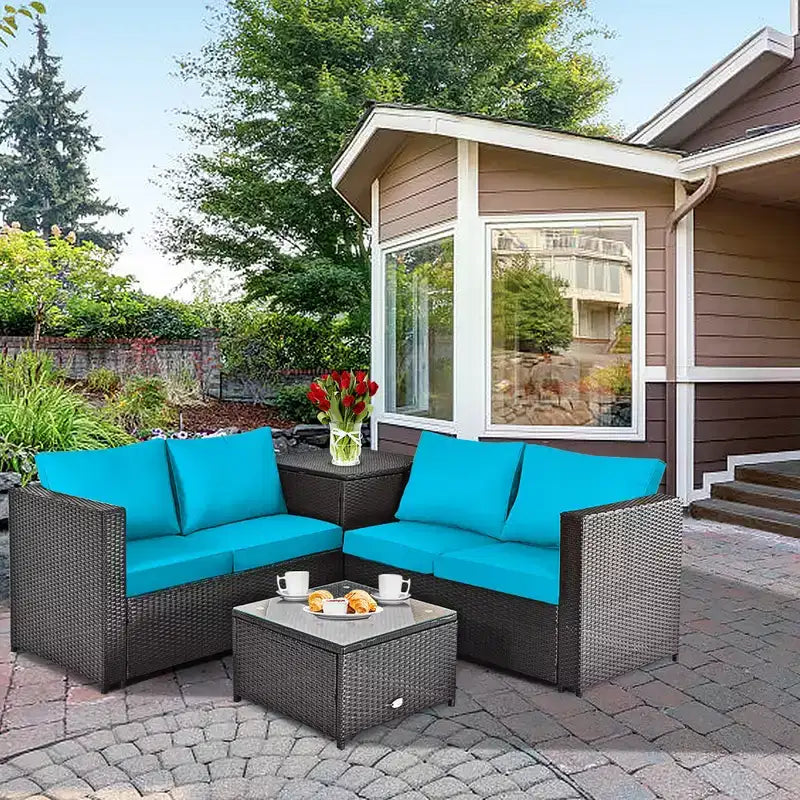 Costway 4PCS Outdoor Patio Rattan Furniture Set Cushion Loveseat Storage Table Turquoise\Red
