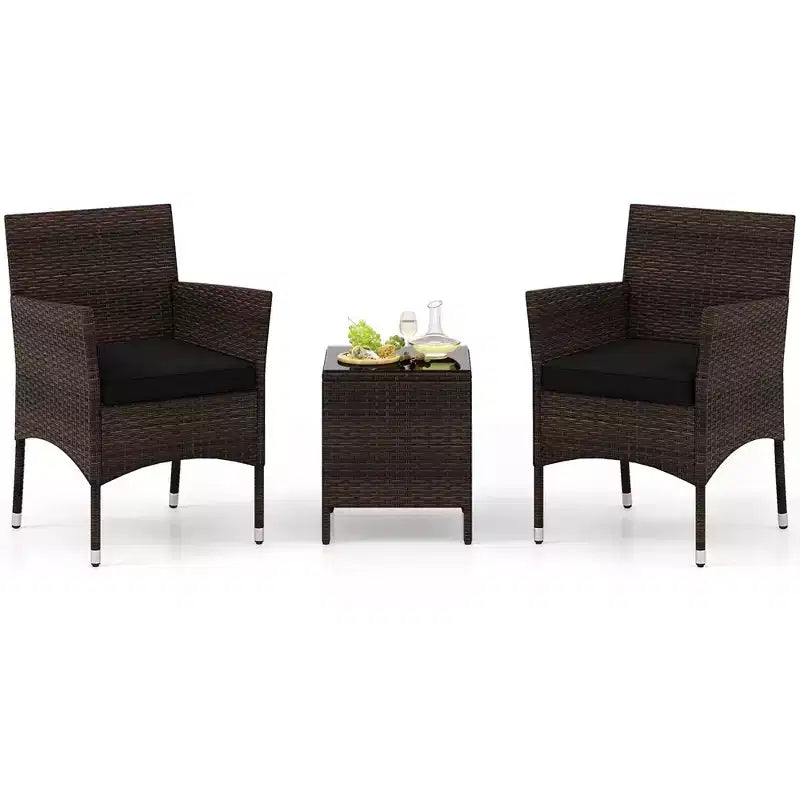 Costway Ensemble de conversation 3 pièces d'extérieur avec sièges rembourrés et plateau de table en verre trempé Beige/Noir/Gris/Rouge/Bleu marine