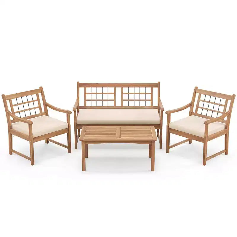 Costway Ensemble de Meubles de Patio 4 Pièces en Bois avec Coussins Souples Cadre en Bois d'Acacia Massif Blanc Cassé/Gris