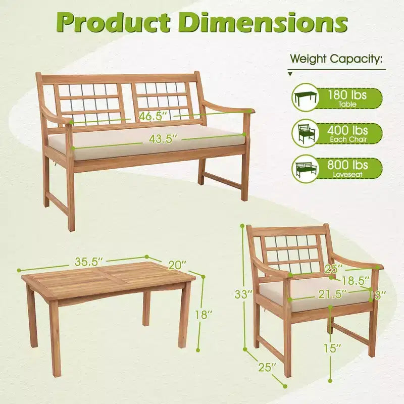 Costway Ensemble de Meubles de Patio 4 Pièces en Bois avec Coussins Souples Cadre en Bois d'Acacia Massif Blanc Cassé/Gris