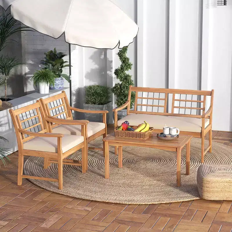 Costway Ensemble de Meubles de Patio 4 Pièces en Bois avec Coussins Souples Cadre en Bois d'Acacia Massif Blanc Cassé/Gris