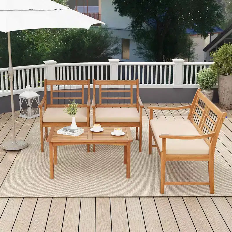 Costway Ensemble de Meubles de Patio 4 Pièces en Bois avec Coussins Souples Cadre en Bois d'Acacia Massif Blanc Cassé/Gris