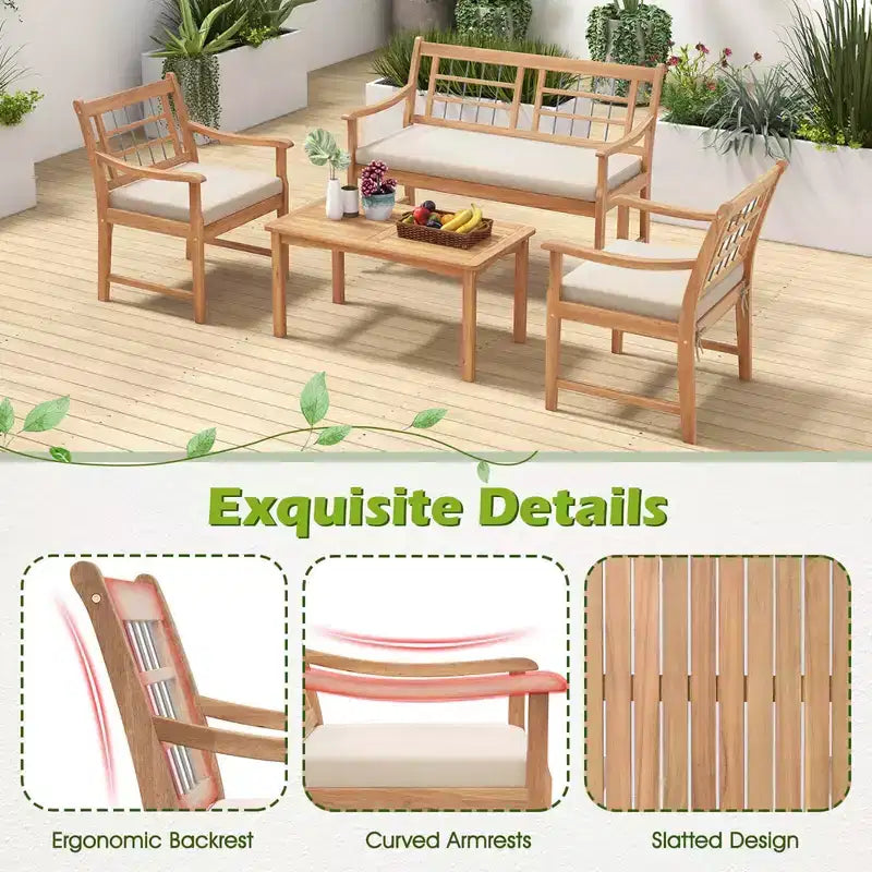 Costway Ensemble de Meubles de Patio 4 Pièces en Bois avec Coussins Souples Cadre en Bois d'Acacia Massif Blanc Cassé/Gris