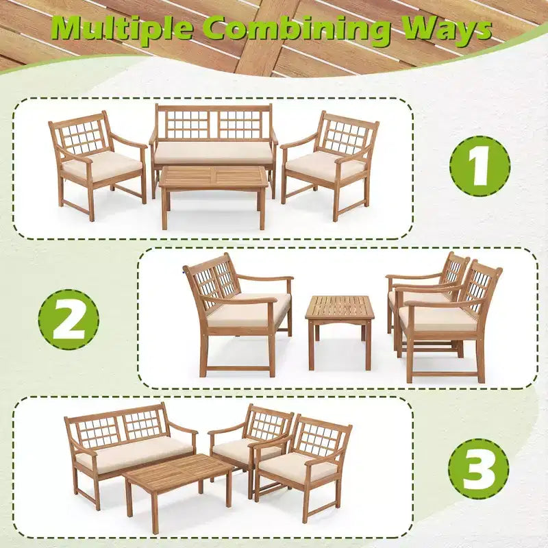 Costway Ensemble de Meubles de Patio 4 Pièces en Bois avec Coussins Souples Cadre en Bois d'Acacia Massif Blanc Cassé/Gris
