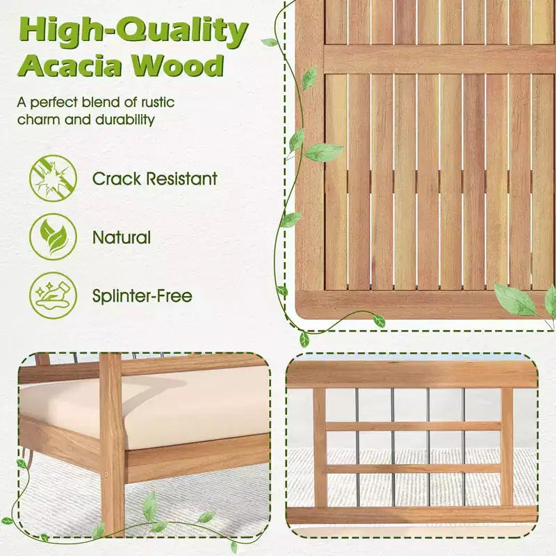 Costway Ensemble de Meubles de Patio 4 Pièces en Bois avec Coussins Souples Cadre en Bois d'Acacia Massif Blanc Cassé/Gris