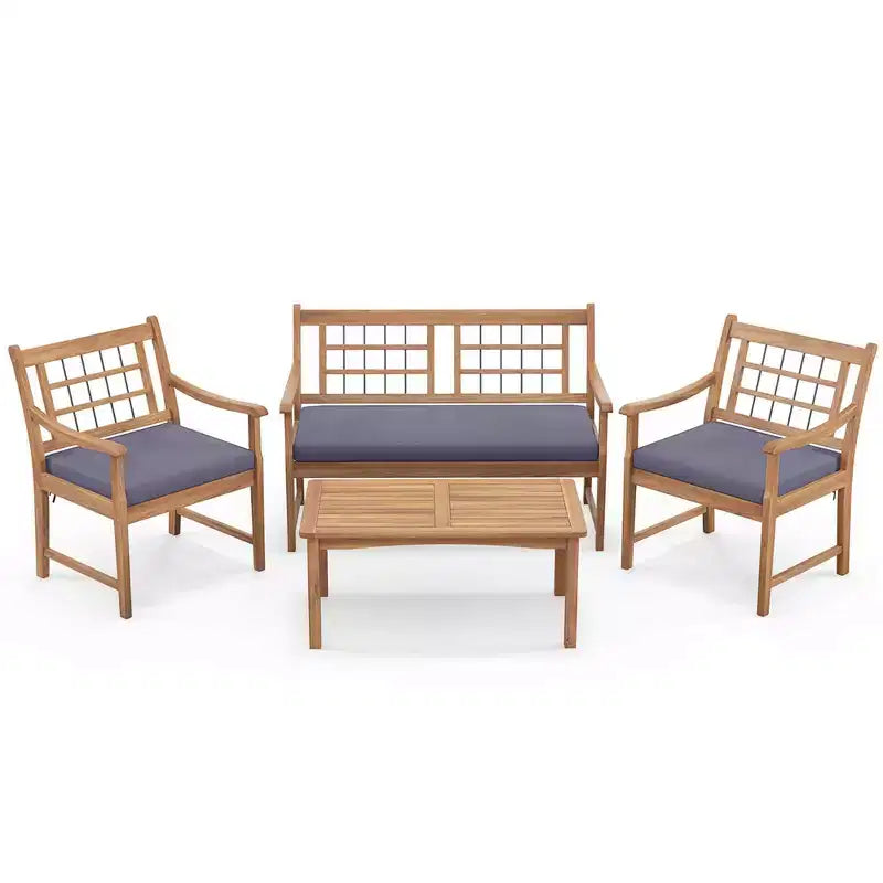 Costway Ensemble de Meubles de Patio 4 Pièces en Bois avec Coussins Souples Cadre en Bois d'Acacia Massif Blanc Cassé/Gris