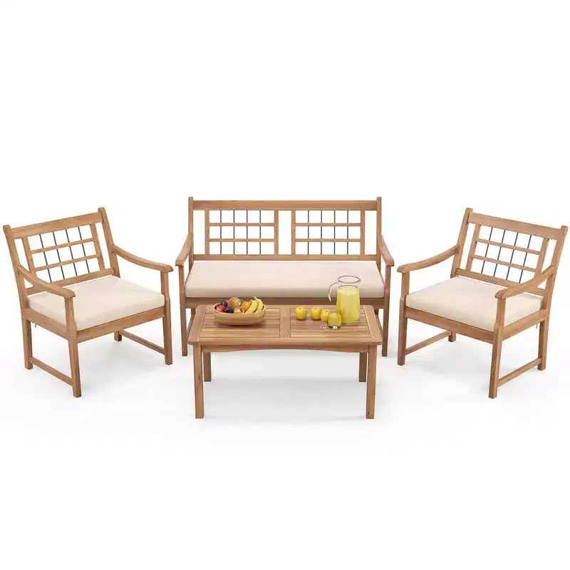 Costway Ensemble de Meubles de Patio 4 Pièces en Bois avec Coussins Souples Cadre en Bois d'Acacia Massif Blanc Cassé/Gris