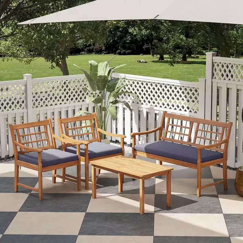 Costway Ensemble de Meubles de Patio 4 Pièces en Bois avec Coussins Souples Cadre en Bois d'Acacia Massif Blanc Cassé/Gris